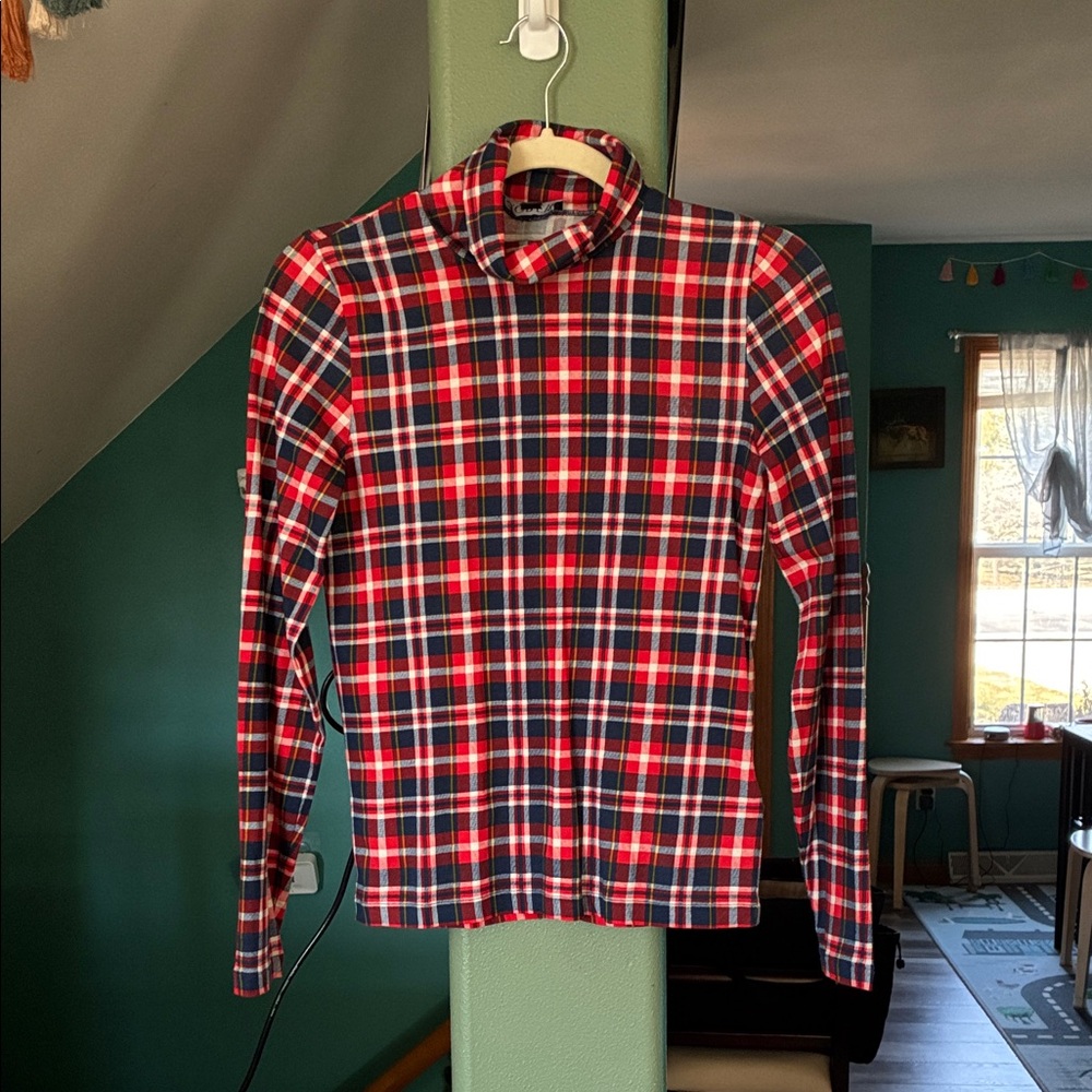 J Crew Tissue Turtleneck Plaid Long-Sleeve Turtleneck Shirt - Red/Navy
